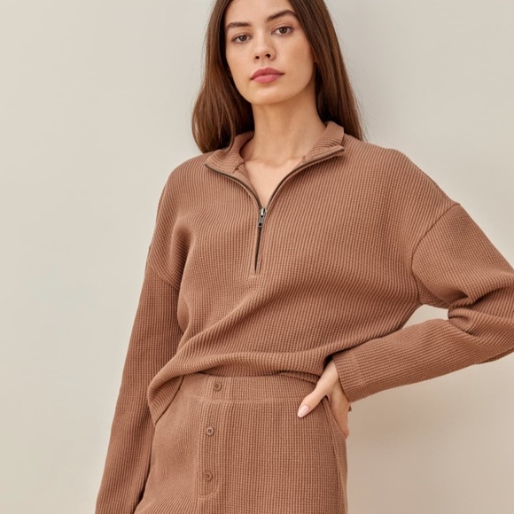 Reformation Sweaters - Reformation Yale Waffle Zip in Toffee organic